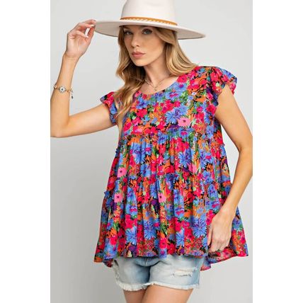 Multicolor Floral Print Ruffle Tiered Short Sleeve Babydoll Top