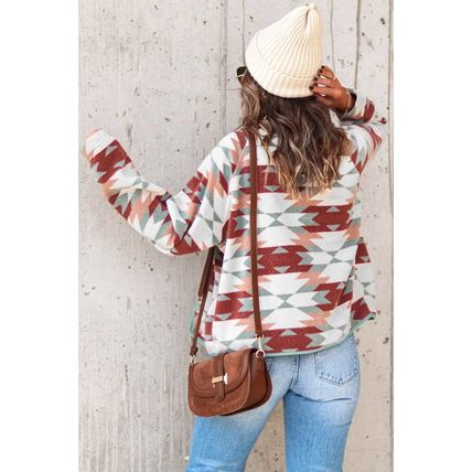 Red Western Aztec Buttoned Zipper Pockets Fleece Jacket