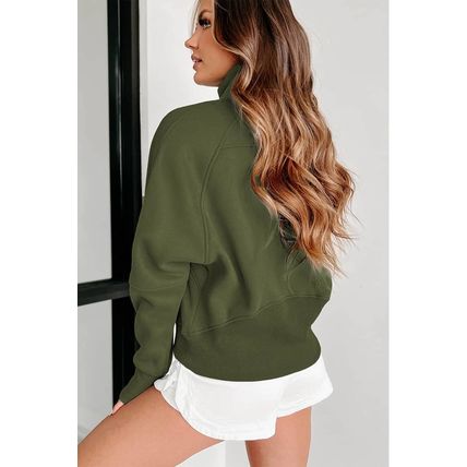Green Zip Up Stand Collar Ribbed Thumbhole Sleeve Sweatshirt
