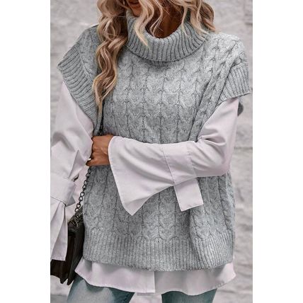 Medium Grey Cable Knit Turtleneck Batwing Sleeve Sweater