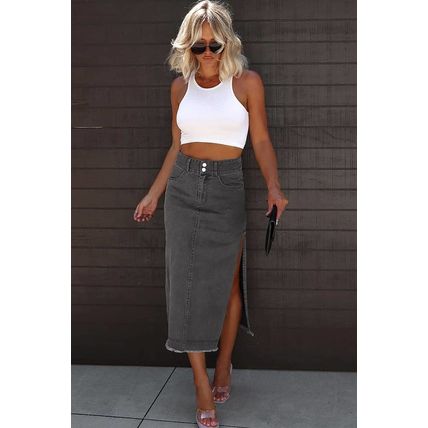 Black Raw Edge Side Slits Buttoned Midi Denim Skirt