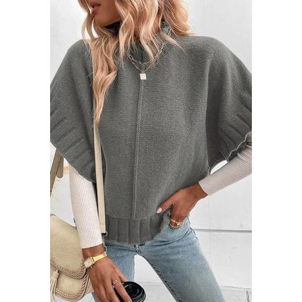 Medium Grey Mock Neck Batwing Short Sleeve Knit Sweater
