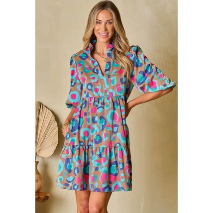 Green Leopard Print Bubble Sleeve Slit Neck Ruffled Dress