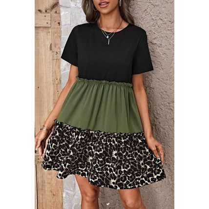 Jungle Green Leopard Print Colorblock Frill Trim T-shirt Dress