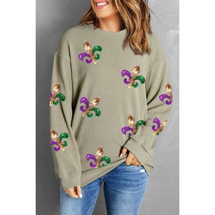 Green Glitter Mardi Gras Symbol Corded Baggy Sweatshirt