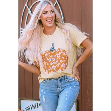 Khaki Sweet Floral Pumpkin Graphic Tee