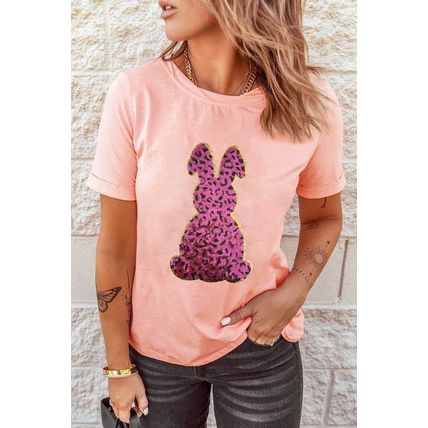 Pink Sequined Leopard Bunny Easter Graphic Tee