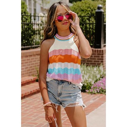 Multicolour Wavy Striped Print Textured Knit Sleeveless Sweater Top