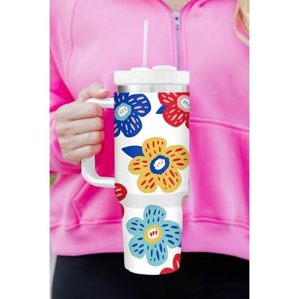 White Flower Pattern Stainless Vacuum Cup with Handle 40oz