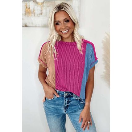 Rose Red Textured Colorblock Crew Neck T Shirt