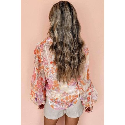 White Floral Print Collared Balloon Sleeve Loose Shirt