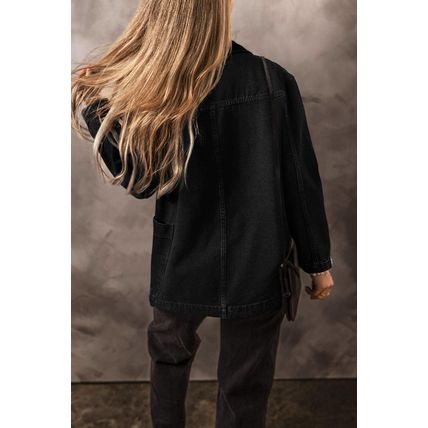 Black Side Pockets Lapel Collar Denim Jacket