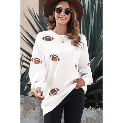 Beige Sequin Rugby Football Patched Pattern Crewneck Game Day Sweatshirt