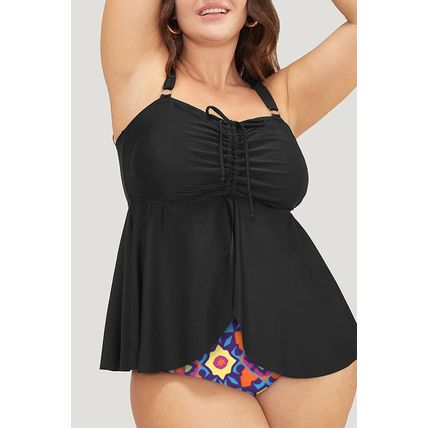 Black Drawstring Tied Front Flared Top Geometric Print Bottom Plus Size Tankinis