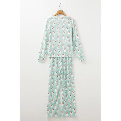 Green Santa Claus Striped Print Loose Fit Two Piece Lounge Set