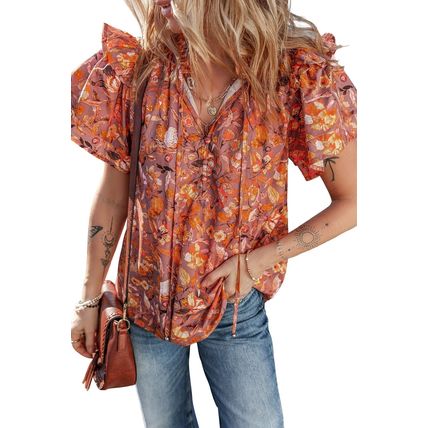 Orange Floral Print Ruffled Flutter Sleeve Frilled V Neck Blouse
