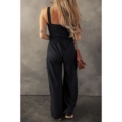 Black Drawstring Wide Leg Cargo Pockets Sleeveless Jumpsuit