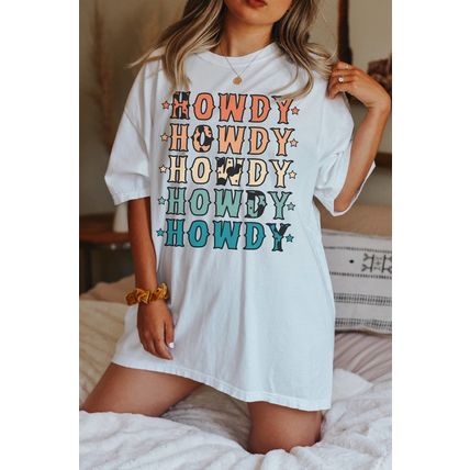 White HOWDY Stars Print Crew Neck Loose Fit T Shirt