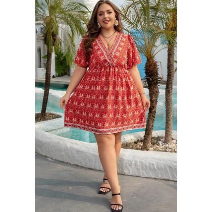 Orange Plus Size Printed Surplice Neck Empire Waist Flowy Mini Dress