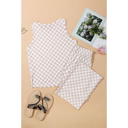 White Ribbed Texture Checkered Print 2pcs Tank and Pants Set