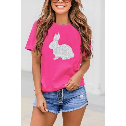 Rose Red Glitter Easter Bunny Graphic Crew Neck Tee