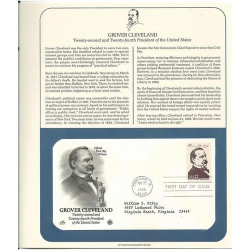 PRESIDENT series : GROVER CLEVELAND ' OFFICIAL FIRST DAY of ISSUE ' (1986)