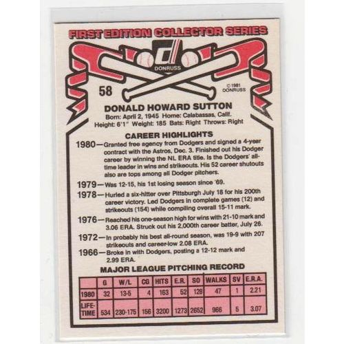 1981 Donruss Don Sutton baseball card #58 – Dodgers