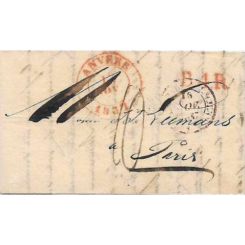Belgium Stampless 1837, Advers to Paris B4R cancel, great markings.