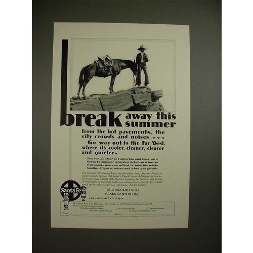 1930 Santa Fe Railway Ad w/ Cowboy - Break Away