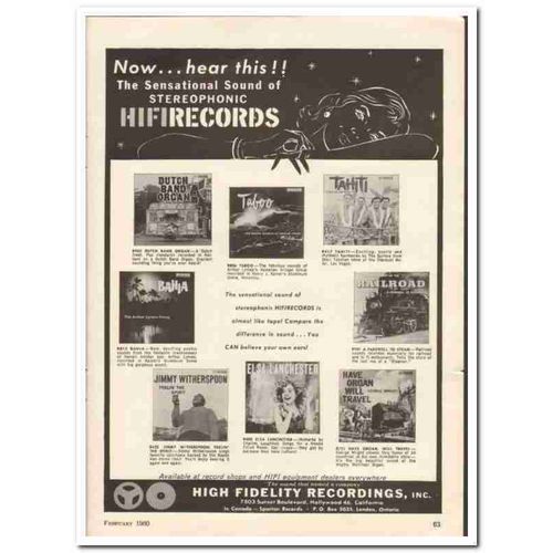 HIGH FIDELITY RECORDINGS INC 1960 Stereophonic HiFi Records vintage ad