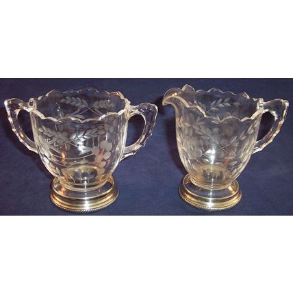Vintage Etched Glass Floral Sugar & Creamer Set with Sterling Silver Bases