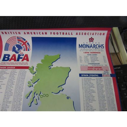 LONDON MONARCHS AMERICAN FOOTBALL TEAM. 1996 team fixture poster BAFA UK teams