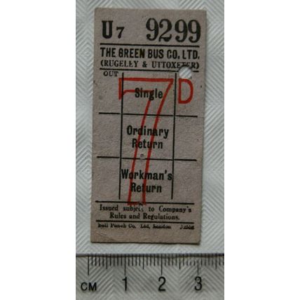 Vintage: ticket The Green Bus Service 7d Rugeley & Uttoxeter