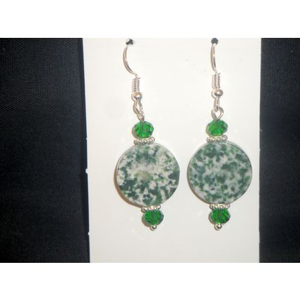 Beautiful round green tree agate earrings with green crystal accent