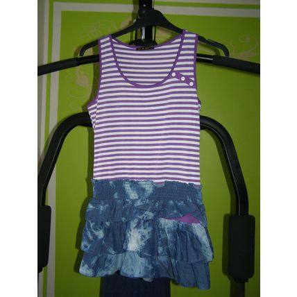 Girl kids white purple striped dress denim look frils size L/XL. 232