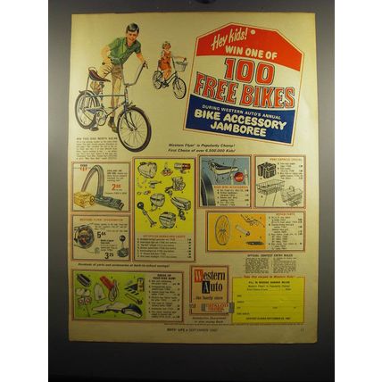 1967 Western Auto Bicycle Accessories Ad - Hey kids! Win one of 100 Free Bikes
