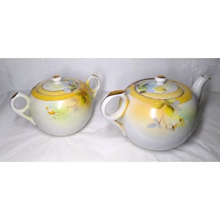 Vintage Teapot & Sugar Bowl w/Lid Poppy Flowers Gold Trim Orange White Japan