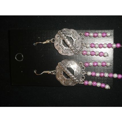 Lightweight Asian style textured purple & silver colour dangle hook earring
