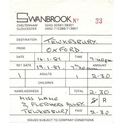 Excursion Ticket issued by Swanbrook Transport Ltd. - Oxford to Tewkesbury