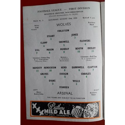 Wolverhampton Wanderers v Arsenal 1959 - 1960 football programme 29/8/59