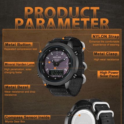 NORTH EDGE EVOQUE Solar Outdoor Waterproof Luminous Sports Nylon Strap Watch, Ny