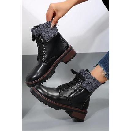 Black Knitted Patched Lace-up Heeled Ankle Boots