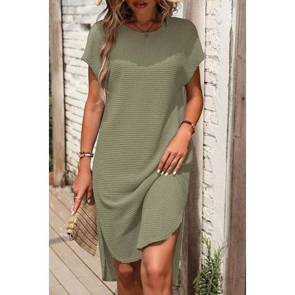 Jungle Green Waffle Texture Curved Hem Side Slit T-shirt Dress