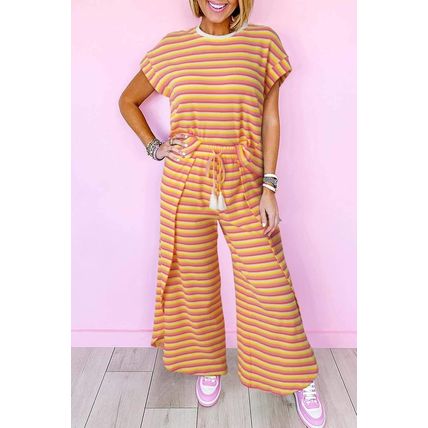 Yellow Stripe Rainbow Tee Tasseled String Wide Leg Pants Set