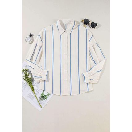 Sky Blue Stripe Drop Shoulder Bubble Sleeve Loose Shirt