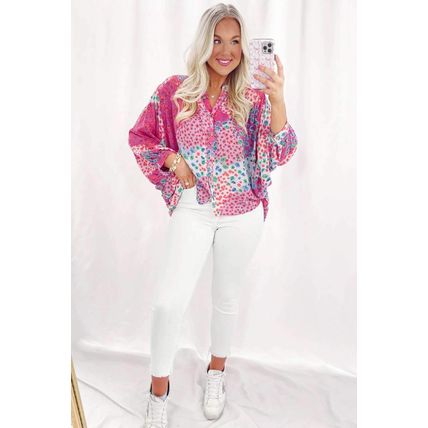Rose Red Floral Allover Print Buttoned V Neck Oversized Shirt