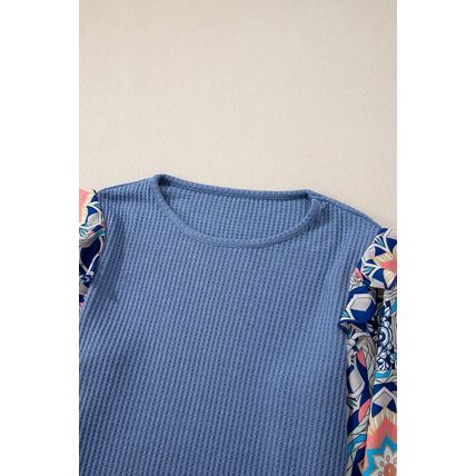 Ashleigh Blue Ruffled Floral Sleeve Patchwork Waffle Knit O Neck Blouse