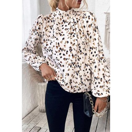 White Leopard Print Lantern Sleeve Mock Neck Pleated Blouse