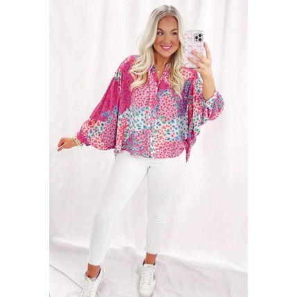 Rose Red Floral Allover Print Buttoned V Neck Oversized Shirt