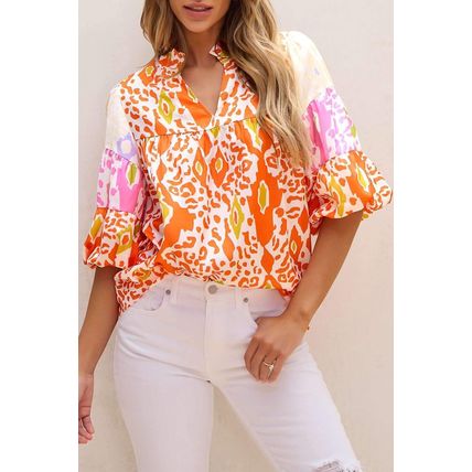 Orange Leopard Colorblock Puff Sleeve Split Neck Blouse